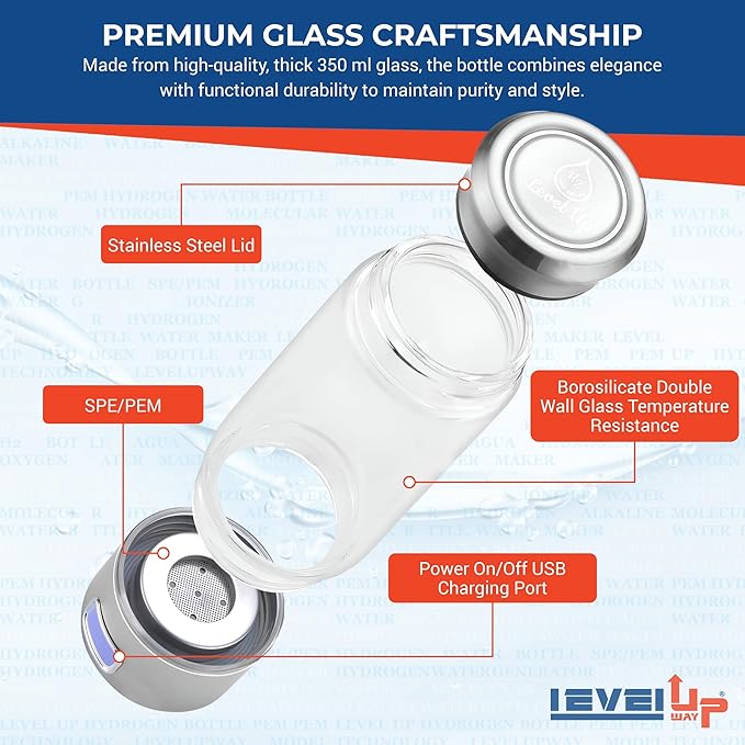 LevelUpWay Hydrogen Water Bottle - Advanced SPE/PEM Technology, Premium Borosilicate Glass, Made for Daily Hydration