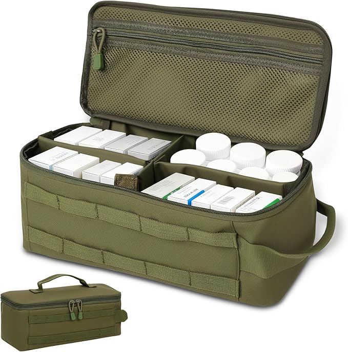 First Aid Bag Empty,Travel Bag Empty Pill Box Organizer, Portable Travel Pill Bottle Organizer for Home Outdoor Emergency Traveling(Military green,13.78 x 5.91 x 4.72 in)