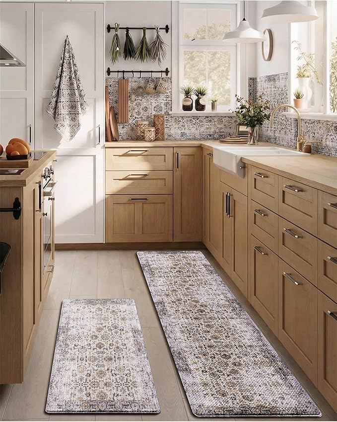 LUMI Anti-Fatigue Kitchen Floor Mats Set of 2,Cushioned Comfort Standing Rug Waterproof 2PCS, Non-Slip Ergonomic Foam Runner for Sink, Laundry, Office & Home,17x29+17x59,Fog Nest
