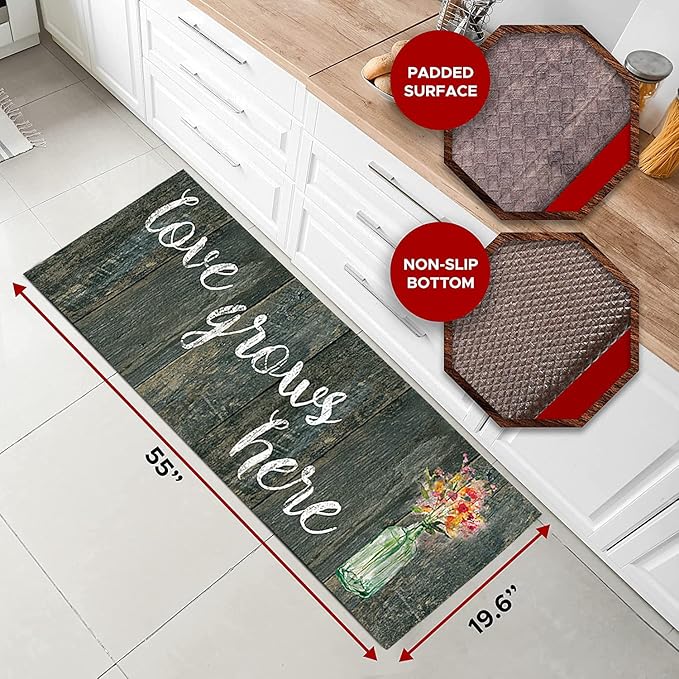 J&V TEXTILES Kitchen Mat Cushioned Anti Fatigue Floor Mat,19.6"x55", Thick Non Slip Waterproof Kitchen Rugs and Mats, Standing Mat for Kitchen,Floor,Home,Office,Desk,Sink,Laundry (Love Grows Here)