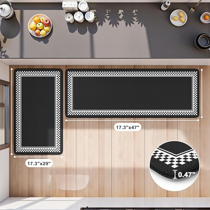 Anti Fatigue Mats for Kitchen Floor,Comfort Kitchen Mats for Floor 2 Piece,Memory Foam Kitchen Mat Non Slip,Cushioned Standing Desk Mat for Office Laundry Sink,Black