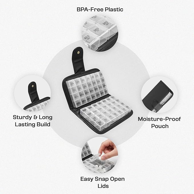 Week AM/PM Pill Organizer Box, Waterproof Travel Medicine Case, Portable Vitamin Holder, Compact Daily Pill Storage for Home, Office, and On-The-Go Use, Durable Med Organizer (Black)
