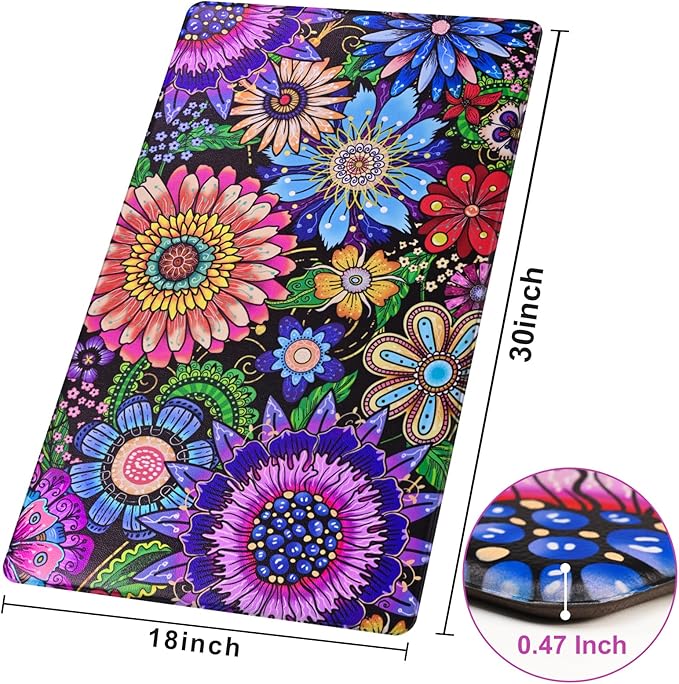 Likiyol Kitchen Rugs Boho Floral Anti Fatigue Kitchen Mat for Floor Bohemian Flowers Non Slip Washable Kitchen Floor Mats, Comfort Standing Mat for Sink, Office, Laundry, 18''x30'', 0.47" Th, Purple