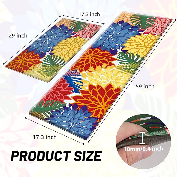 Kitchen Mats for Floor 2PCS Cushioned Anti Fatigue Kitchen Mats Waterproof Non Slip Kitchen Mat Rug Set Comfort Foam Standing Mat for Sink, Laundry, Office,17.3" x 28" + 17.3" x 59", Colorful