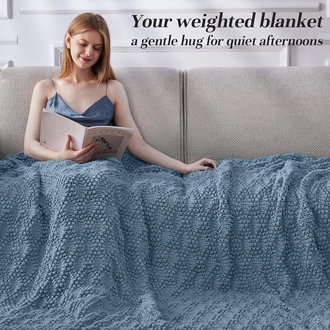 Knitted Weighted Blanket for Adult, Chunky Knit Weighted Throw for Sleep 48"*72" 15lbs, Cooling Breathable Heavy Blanket for Hot Sleepers, Machine Washable Blanket for Room Decor(HazeBlue)