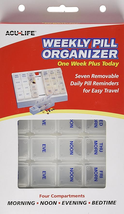Acu-Life Weekly (7-Day) Pill Case, Medicine Planner, Vitamin Organizer Box, 4 Times a Day AM/PM, One Week Plus Today, Removable Compartments, Easy to Use, White, BPA Free