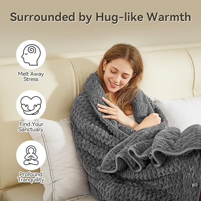 Weighted Blanket Queen Size for Adults,15lbs Jacquard Sherpa Heavy Blanket for Calming and Relax, Dual Sided Ultra Soft Fuzzy Throw Blanket with Glass Beads, 48" x 72" 15lbs, Dark Grey