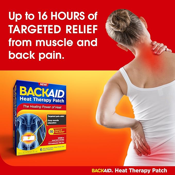 Backaid Heat Therapy Patch, Air-Activated Therapeutic Heat, Wide for Lower Back and Hip Pain Relief, 6 Count