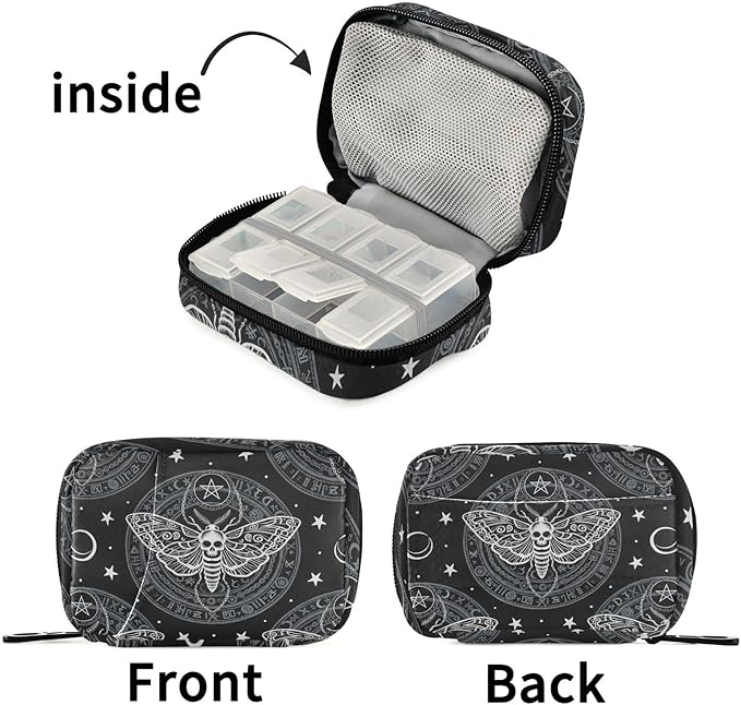 Travel Pill Organizer Bag Weekly Pill Organizer Case Skull Butterfly Black Portable Small Daily Pill Boxes for Vitamin Fish Oils Supplement Holder with Zipper Compact Size