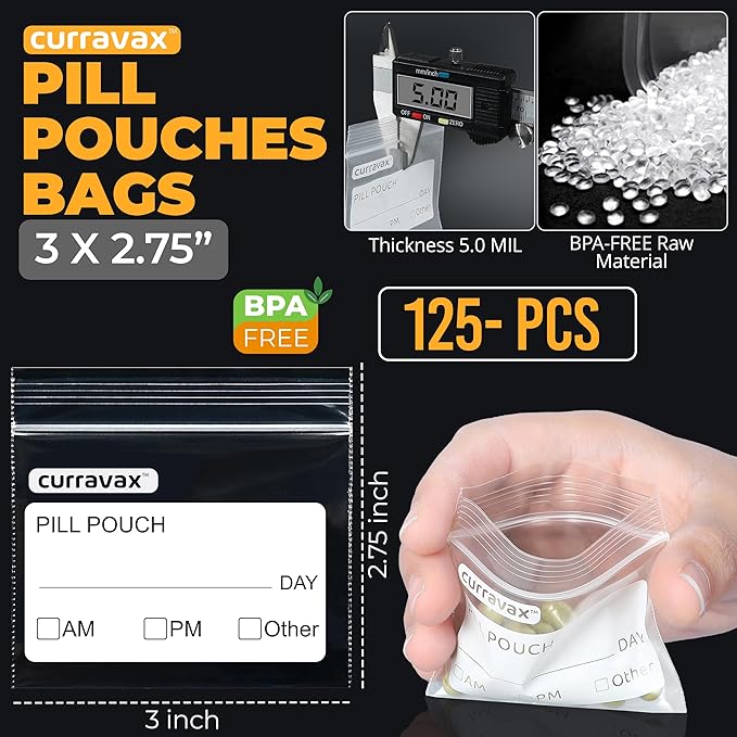 Pill Pouch Bags for Travel Pack of 125- BPA Free 3 x 2.75 inch Pill Pouch - Pill Pouches for Medicine with Write on Label –Clear Ziplock Pill Baggies for Medicine Organizer