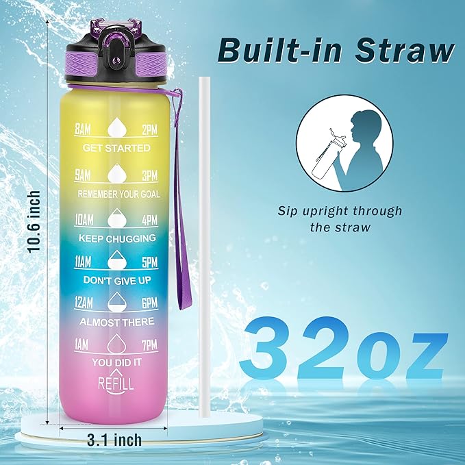 Motivational Water Bottle with Time Marker - 32oz, Leak-proof BPA Free Sports Water Bottles with Straw & Carrying Strap