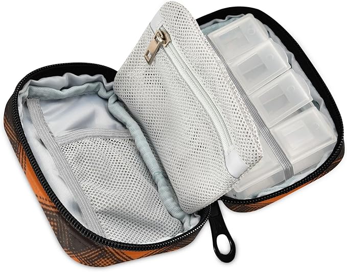 Halloween Plaid Orange Travel Pill Organizer Case Box Container Weekly Portable Vitamin Medicine Holder Storage Bag with Zipper Removable