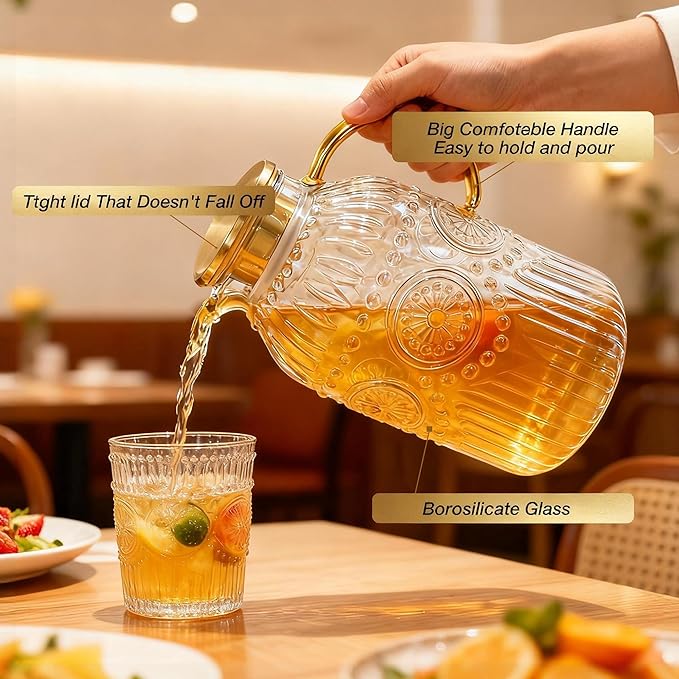 Amzcku Glass Pitcher with Lid, 101 oz/ 3 Liter Vintage Water Pitcher,Water Carafe for Cold Brew, Coffee, Lemonade, Iced Tea,Beverage, Heat Resistant Water Glass Jug 1Pack