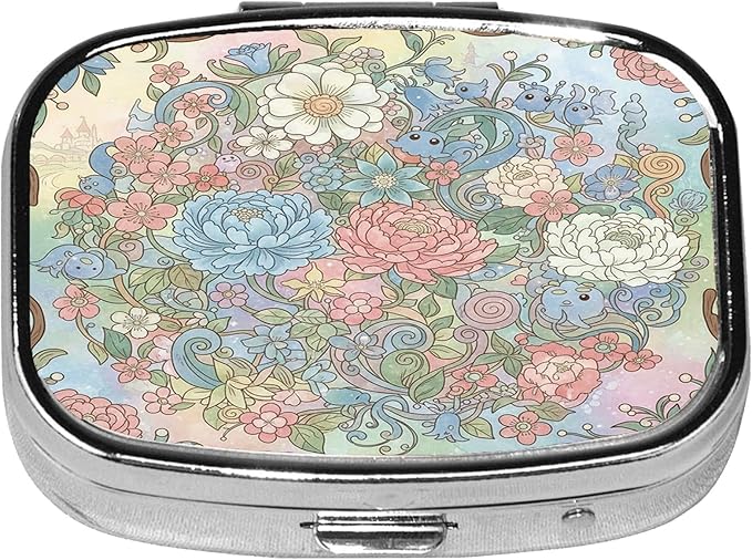 Square Pill Case Small Pill Box with Mirror Pocket 2 Compartment Vitamin Pill Medicine Case Organizer Pill Containers for Traveling Blooming Flower Two