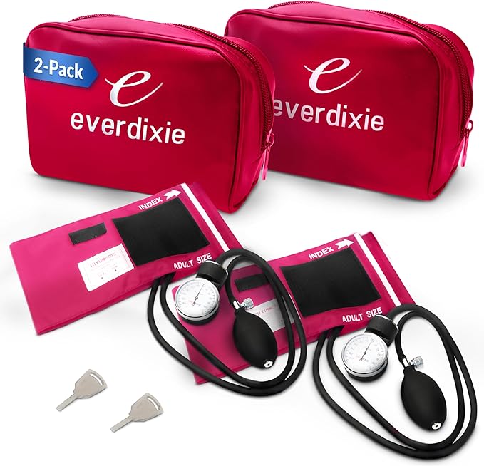 Deluxe Aneroid Sphygmomanometer Blood Pressure Monitor Set – 2-Pack – Adult Cuff, Carrying Case & Calibration Tool – High Contrast Dial for Accurate Readings – Portable & Durable Design – Pink