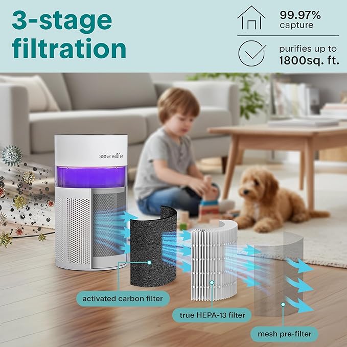 SereneLife Portable Air Purifier | Small Air Purifier For Home, Allergies, Pet Hair & Bedrooms | Filter Change Reminder & Aroma Box | Filtration Removes Dust, & Smoke Odor | Timer & Sleep Mode | White