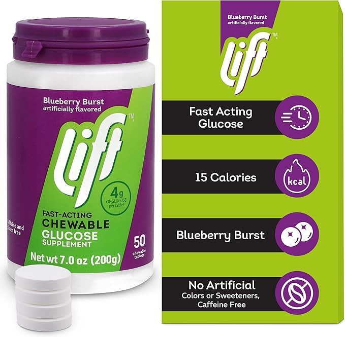 Lift Glucose Fast-Acting Glucose Chewable Energy Tablets, Blueberry, 50 ct Jar (Pack of 1)