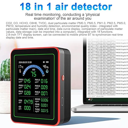 18 in 1 Air Quality Monitor Weytoll Smart Air Quality Tester Temperature and Humidity Meter with Color Screen for Home Office, Detect Indoor PM0.3 PM0.5 PM1.0 PM5.0 PM10 CO2 C6H6 TVOC