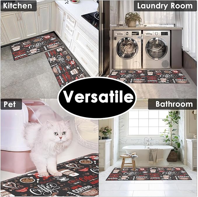 Arttown Coffee Cafe Vintage Anti-Fatigue Kitchen Rug Set of 2 Red Black Retro Farmhouse Cushioned Floor Standing Mat Waterproof Non-Slip Kitchen Mat and PVC Ergonomic Comfort Foam Rug