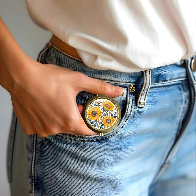 Small Pill Case Pill Box with Mirror Retro 3 Compartment Pill Holder for Purse or Pocket Bronze Portable Medicine Vitamin Container Fish Oil and Supplement Storage BPA-Free(Sunflowers)