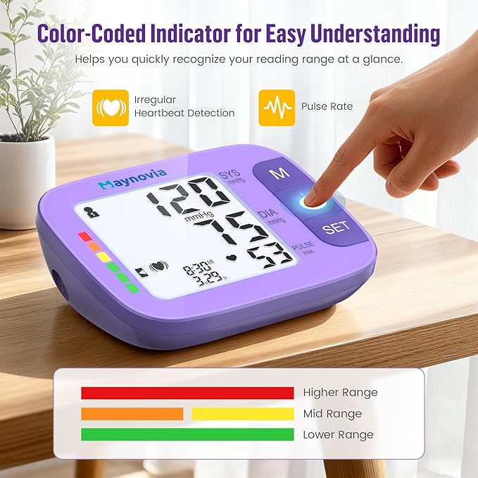 Upper Arm Blood Pressure Monitor with Wide Cuff, Automatic Digital BP Machine for Home Use, Large Backlit Display, Irregular Heartbeat Detection, Includes Storage Bag & 2×60 Memory (Purple)
