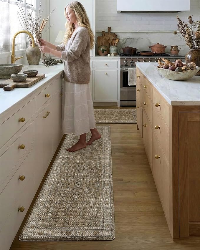 LUMI Anti-Fatigue Kitchen Floor Mats Set of 2,Cushioned Comfort Standing Rug Waterproof 2PCS, Non-Slip Ergonomic Foam Runner for Sink, Laundry, Office & Home,17x29+17x59,Tawny Echo