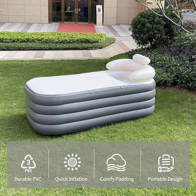 B&Y Portable Adult Soaking Bathtub, Ice Bath Tub Family Home Spa Tub with Zipper Cover, Designed with Headrest, Cup Holder (Air Pump Included) (Rectangular-164x84x51cm (without Machine))