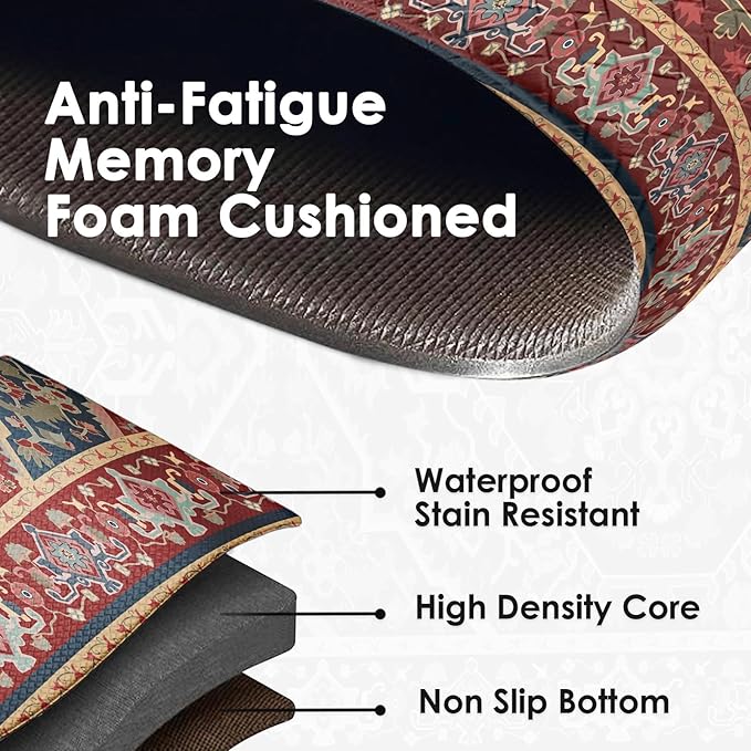Arttown Boho Anti-Fatigue Kitchen Rug Set of 2 Ethnic Red Cushioned Floor Standing Mat Waterproof Non-Slip Mat and PVC Ergonomic Comfort Foam Rug