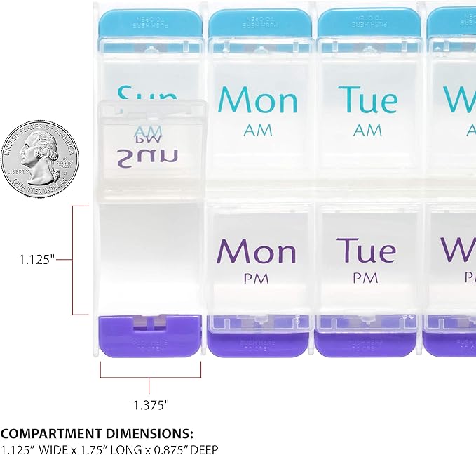 EZY DOSE Push Button Weekly (7-Day) Pill Case, Medicine Planner, Vitamin Organizer Box, 2 Times a Day, AM/PM, Large Compartments, Arthritis Friendly, Clear Lids, BPA Free, Pack of 6