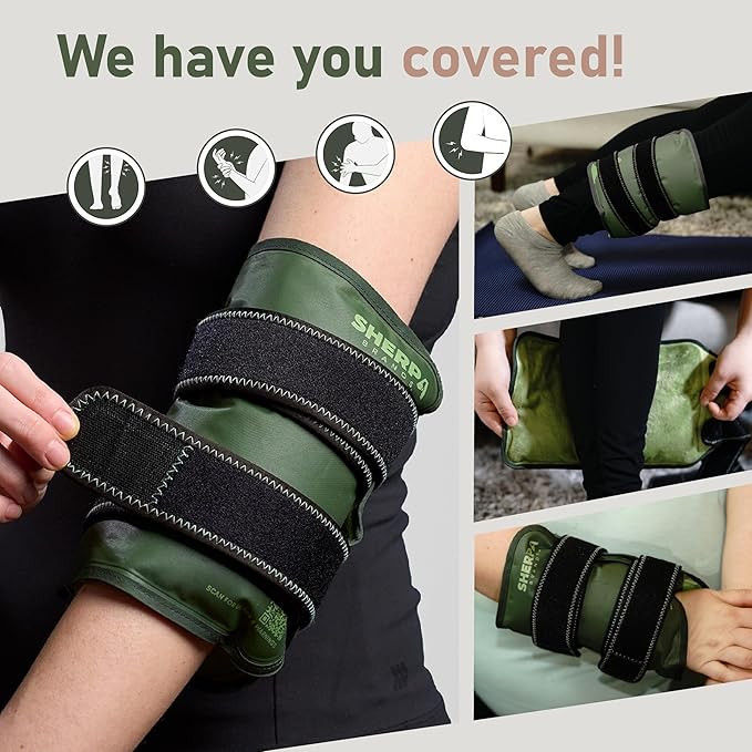 Medium Gel Ice Packs for Injuries Reusable Wrap with Straps - Hot and Cold Pack for Pain Relief, Tennis Elbow, Ankle, Foot, Hand - 8" x 12" - Green