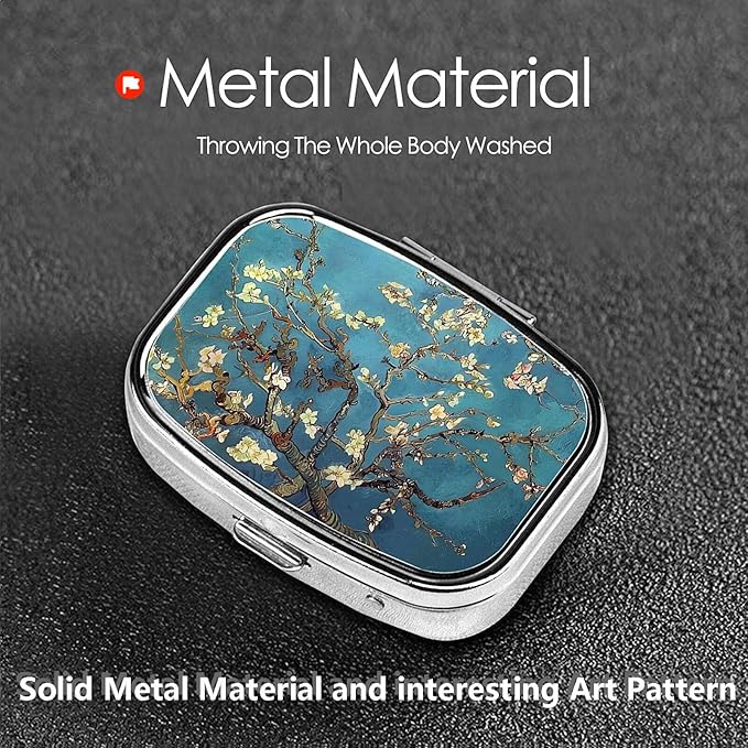 ABLESKY Pill Box, 2 Compartment Pill Organizer Case for Pocket or Purse, Small Portable Metal Travel Medicine Box with Mirror, Daily Vitamins Fish Oil Container-Almond Blossoms
