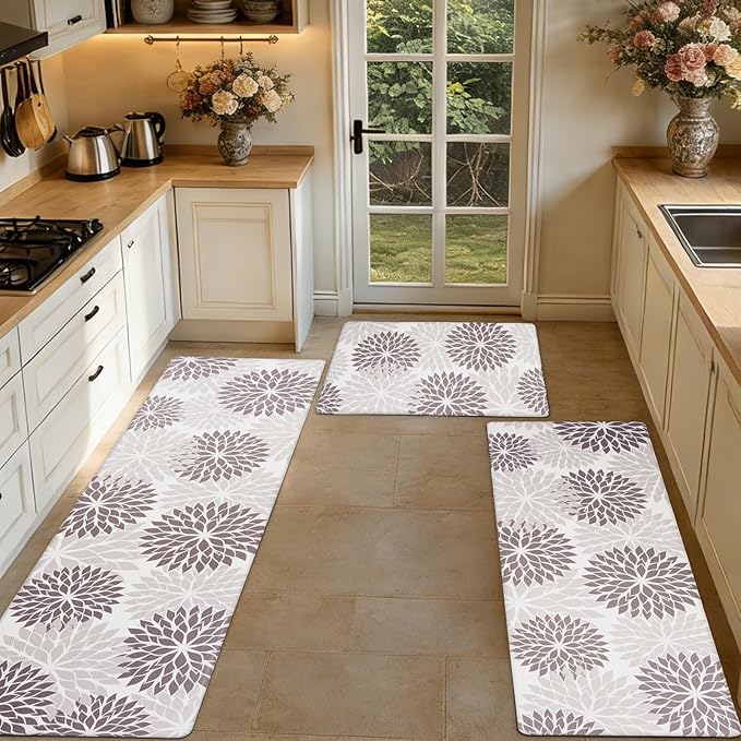 PVC Anti-Fatigue Kitchen Mats Set of 3, Non-Slip Kitchen Rugs, Comfort Standing Runner Rug, Multipurpose Indoor Mats for Laundry, Office, Bedroom, Sink, Bathroom,Grey