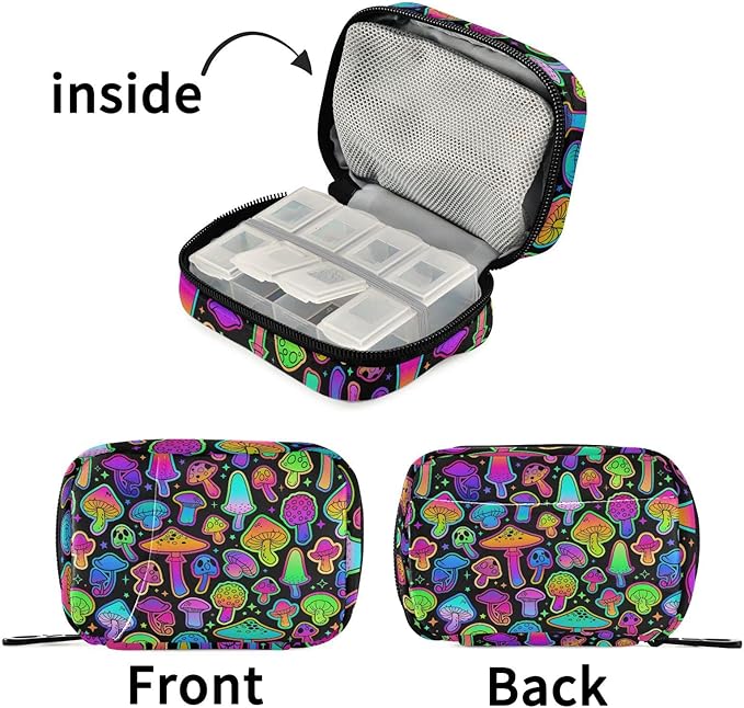 Pill Box Mushroom Colorful 7 Day Pill Case Travel Pill Organizer Bag with Zipper Portable Weekly Vitamin Medicine Supplement Holder Pouch Bag
