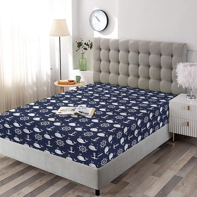 Decorative Bedding Sheet Set Twin XL Size, Navy Blue Deep Pockets Fitted Sheet & 2 Pillow Sham Set(No Flat Sheet), Maritime Anchor Whale Print Microfiber 3pc Bed Sheets Set, for Women & Men Bedding