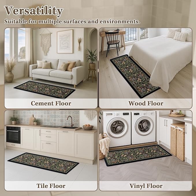 Arttown Kitchen Mats for Floor 2Pcs-Anti Fatigue Non Slip Mats for Kitchen Floor, Cushioned Waterproof & Stain-Resistant Plant Floral Mat Set, Laundry Room, Office, Sink, Desk (Black)