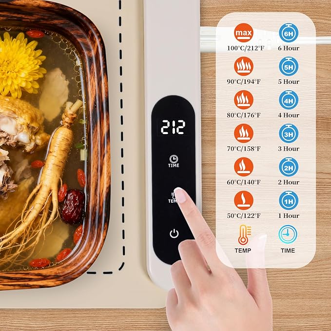 Food Warming Mat Extra Large 36x16 Inch 580W Waterproof Heating Pad, 6-Temperature Levels & 6-Hour Timer, Buffet Warmer for Chafing Dishes, Parties, Catering, Countertop Use (Beige)