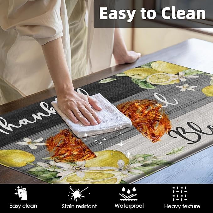 Arttown Yellow Lemon Anti-Fatigue Kitchen Rug Set of 2 Grey Black Farmhouse Vintage Wooden Cushioned Floor Standing Mat Waterproof Non-Slip Kitchen Mat and PVC Ergonomic Comfort Foam Rug