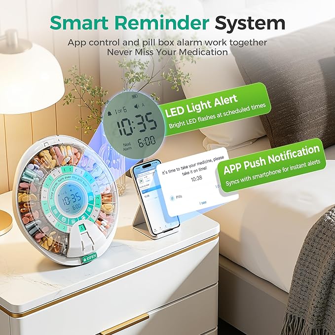 Betife Automatic Pill Dispenser,28-Day Smart Bluetooth Pill Box, App Support Automatic Pill Case with 6 Alarms & Light Reminder, Monthly Timer Dispenser,Electronic Medication Management for Seniors