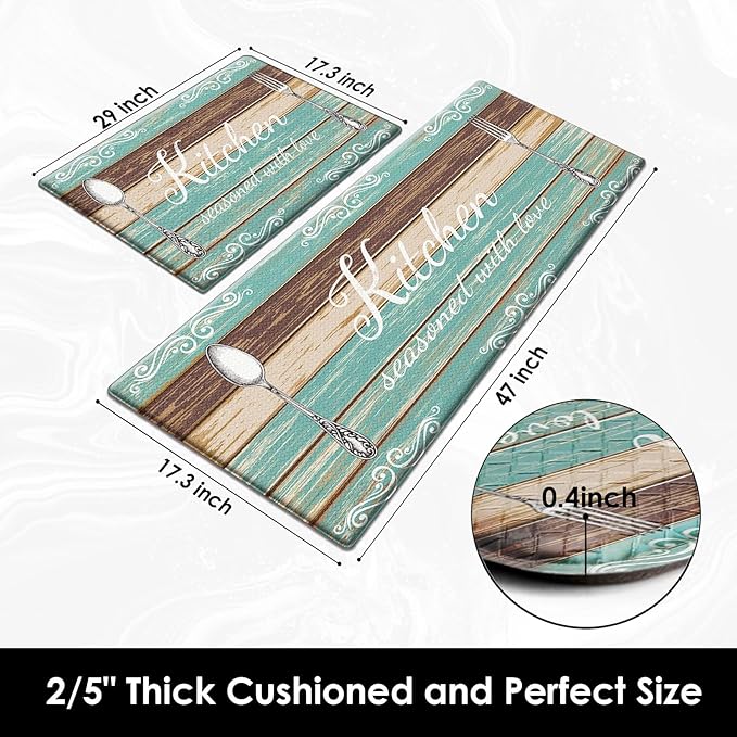 Arttown Teal Farmhouse Anti-Fatigue Kitchen Rug Set of 2 Brown Knife Fork Rustic Vintage Cushioned Floor Standing Mat Waterproof Non-Slip Kitchen Mat and PVC Ergonomic Comfort Foam Rug