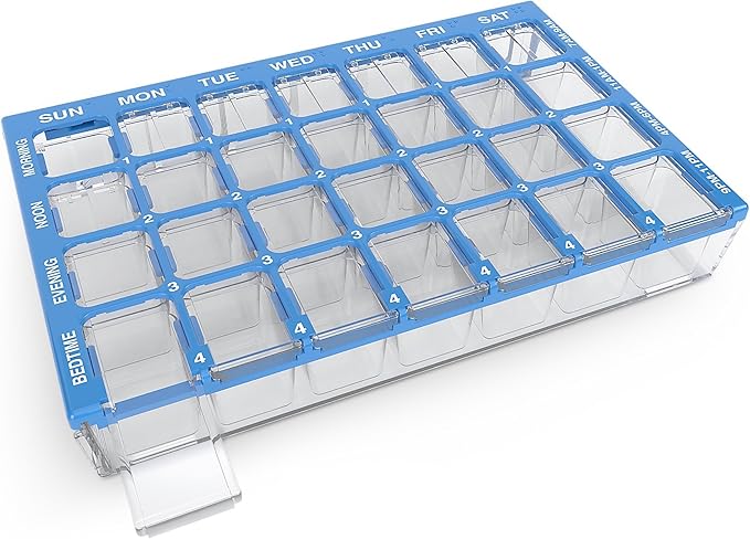 EZY DOSE Weekly (7-Day) Pill Organizer, Vitamin and Medicine Box, Medium Compartments with Easy Fill Tray, 4 Times a Day, Clear Lids, Color May Vary, BPA Free