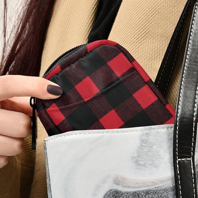 Fustylead Red and Black Buffalo Plaid Travel Pill Organizer Case Zipper for Purse with Removable Weekly Pill Box for Medicine, Vitamin, Supplement Medicine Organizer