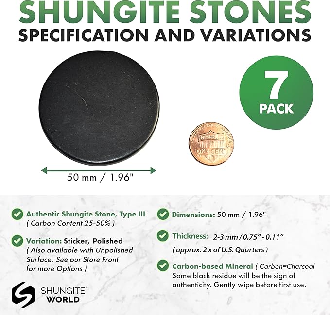 7 pcs Authentic Shungite Stickers Polished 50 mm / 1.96" Genuine Healing Energy Stone Protection Plate for Cell Phone Case Tablet Laptop Computer Noble Gemstone Protector Crystal