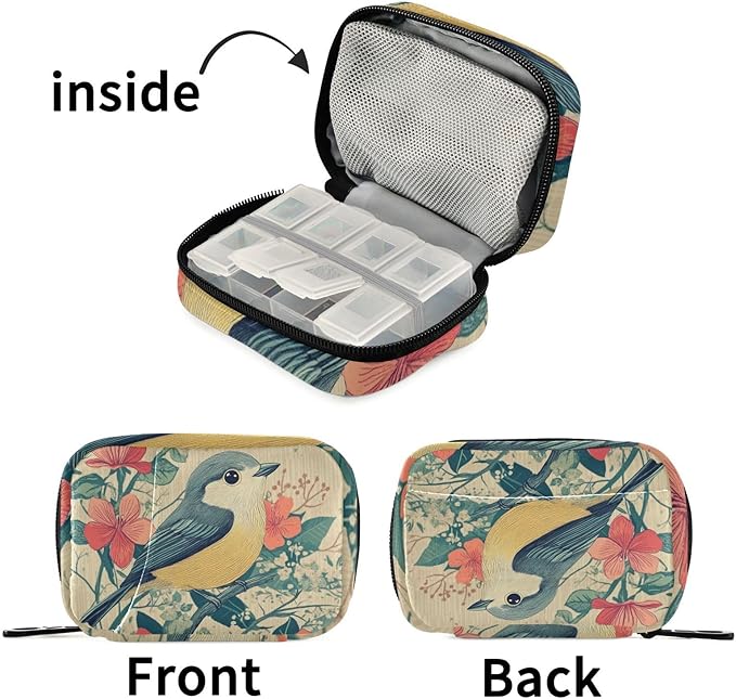 Travel Pill Case Bird and Blooming Flower Weekly Small Pill Box 7 Day Pill Box Pill Organizer Bag