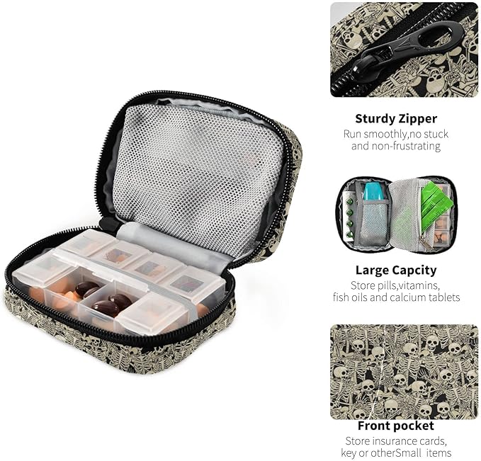 Fun Skull Pill Box 7 Day Pill Case Travel Pill Organizer Bag with Zipper Portable Weekly Vitamin Medicine Supplement Holder Pouch Bag
