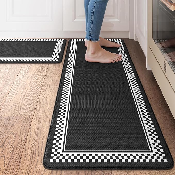Anti Fatigue Mats for Kitchen Floor,Comfort Kitchen Mats for Floor 2 Piece,Memory Foam Kitchen Mat Non Slip,Cushioned Standing Desk Mat for Office Laundry Sink,Black
