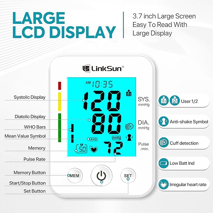 Blood Pressure Monitor for Home Use with Large Upper Arm Cuff, Blood Pressure Machine with 100 Memory Recalls for 2 Users, Large LCD Screen, Charging Cable - 2008