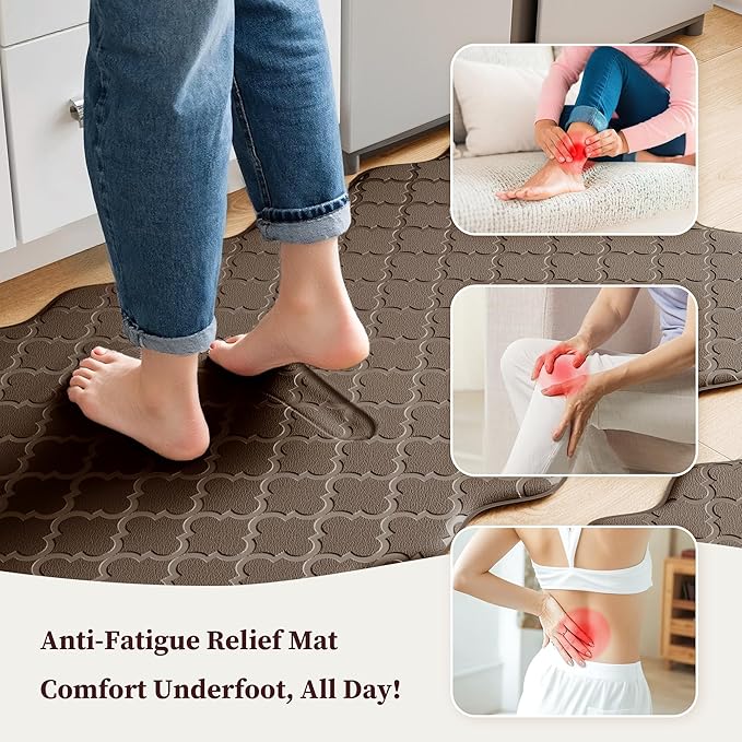 Upgrade Scalloped Embossed Kitchen Mats for Floor 2PCS Cushioned Anti Fatigue Waterproof Foam Kitchen Rugs Non Slip Washable Comfort Standing Mat for Office Sink Laundry, Brown