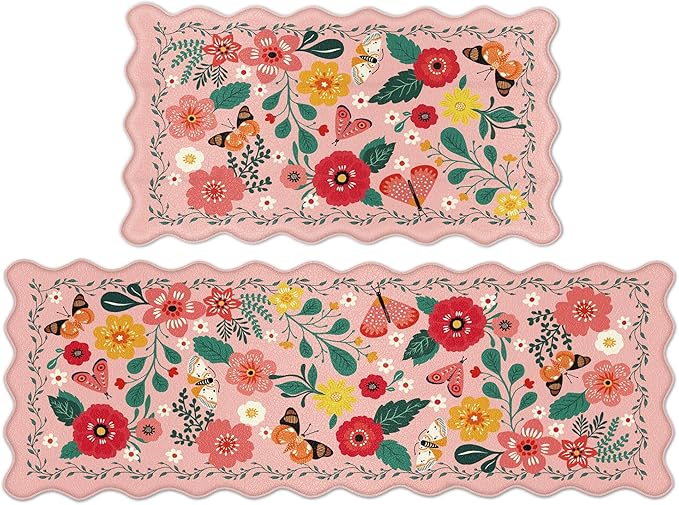 Scalloped Pink Valentines Kitchen Mats for Floor 2PC Cushioned Anti Fatigue Kitchen Mats Rugs Waterproof Non Slip Farmhouse Boho Floral Comfort Foam Standing Mat for Sink Laundry