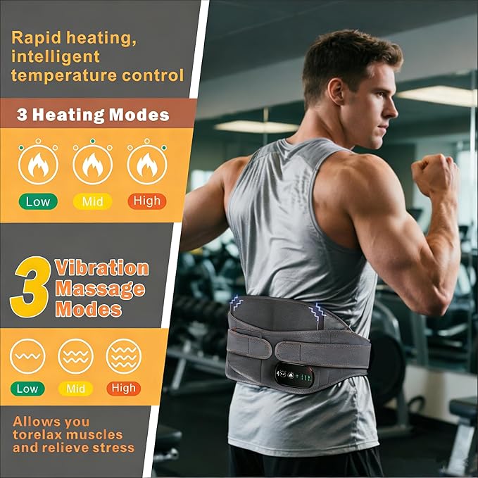Lower Back Massager Waist Belt - Red Light Therapy, 3 Heating & Vibration Levels, Touchscreen Control, Adjustable Size, Multi-Use Heating Pad for Back/Stomach/Neck Pain Relief, Heated Back Brace