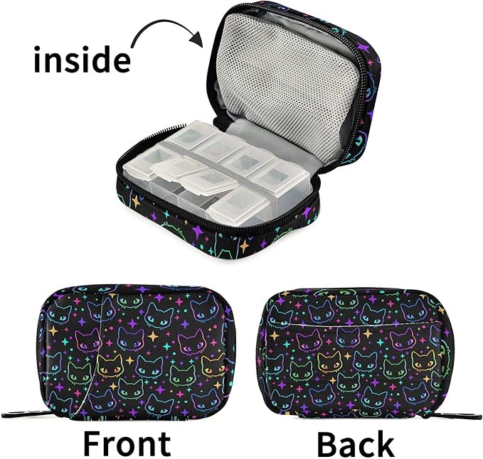 Travel Pill Organizer Bag Weekly Pill Organizer Case Goth Colorful Neon Cat Heads Portable Small Daily Pill Boxes for Vitamin Fish Oils Supplement Holder with Zipper Compact Size